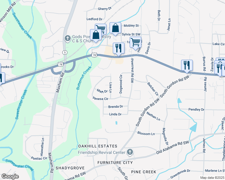 map of restaurants, bars, coffee shops, grocery stores, and more near 5791 Lisa Lane in Austell