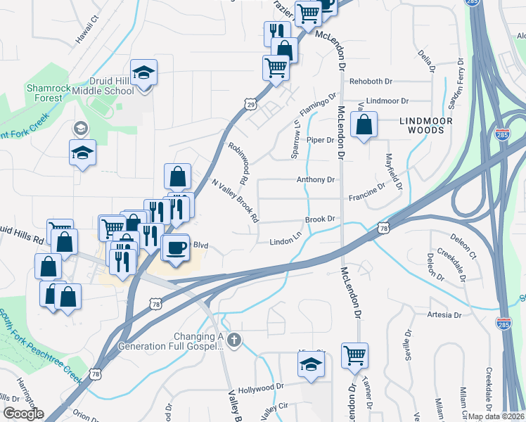 map of restaurants, bars, coffee shops, grocery stores, and more near 3020 Brook Drive in Decatur
