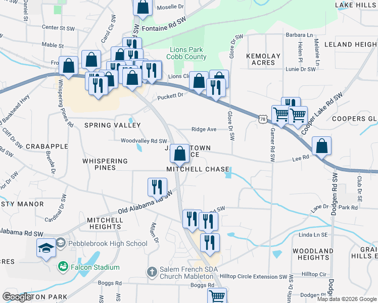 map of restaurants, bars, coffee shops, grocery stores, and more near 5990 Mableton Parkway in Mableton