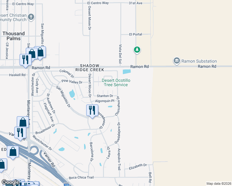 map of restaurants, bars, coffee shops, grocery stores, and more near 32405 Chiricahua Drive in Thousand Palms
