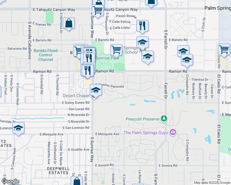 map of restaurants, bars, coffee shops, grocery stores, and more near 2001 East Camino Parocela in Palm Springs