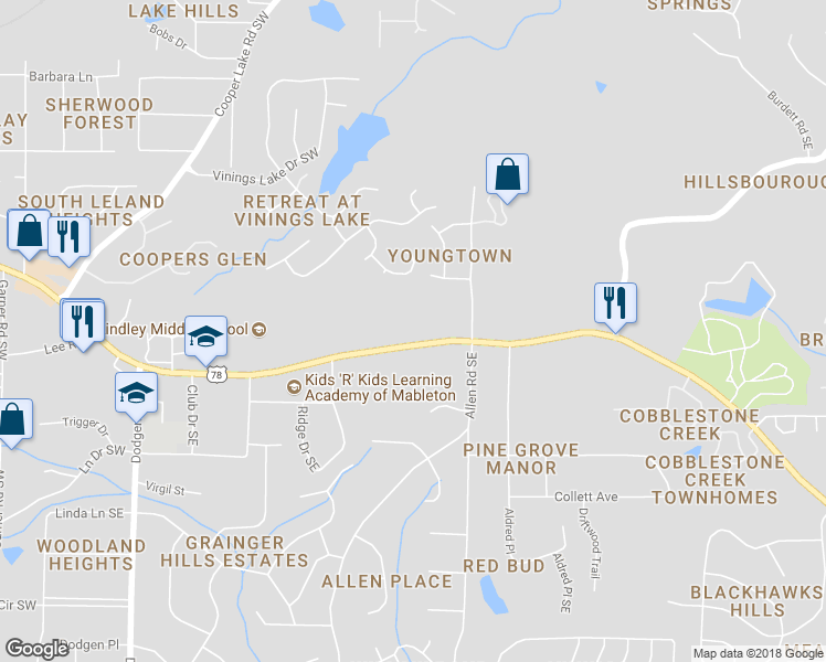 map of restaurants, bars, coffee shops, grocery stores, and more near 1434 Thunderwood Court Southwest in Mableton