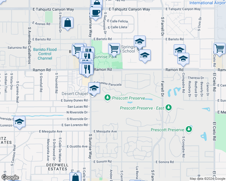 map of restaurants, bars, coffee shops, grocery stores, and more near 2001 East Camino Parocela in Palm Springs