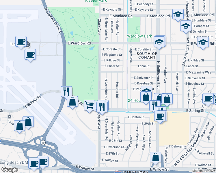 map of restaurants, bars, coffee shops, grocery stores, and more near 3110 North Greenbrier Road in Long Beach