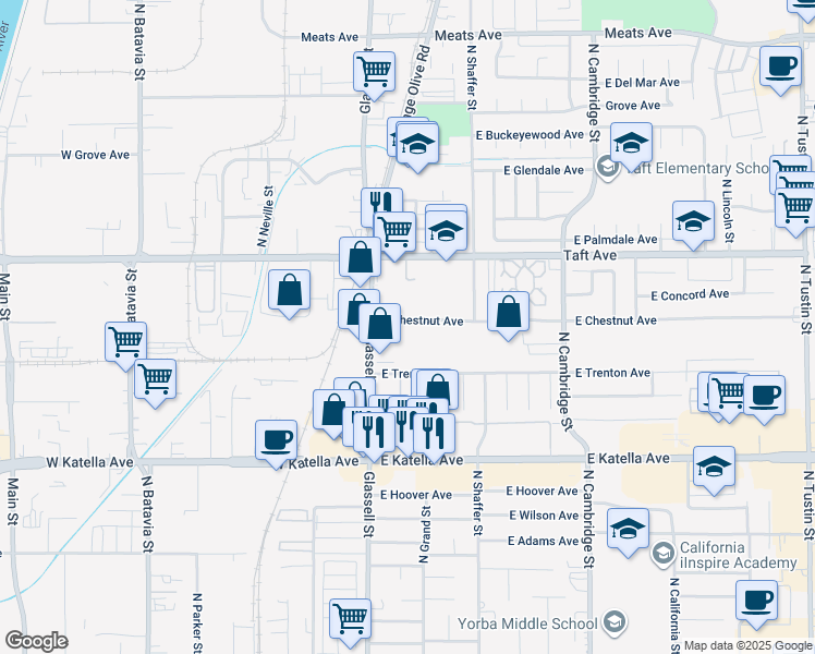 map of restaurants, bars, coffee shops, grocery stores, and more near 210 East Chestnut Avenue in Orange
