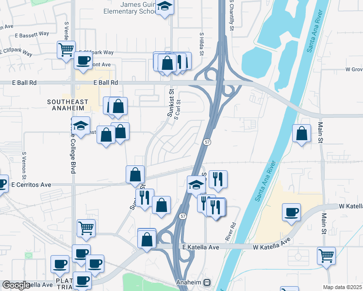 map of restaurants, bars, coffee shops, grocery stores, and more near 1400 Sunkist Street in Anaheim
