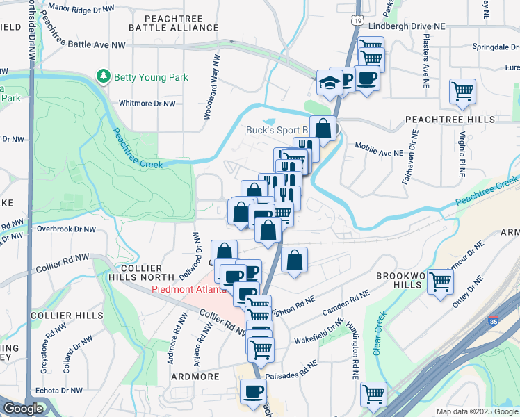 map of restaurants, bars, coffee shops, grocery stores, and more near 2144 Peachtree Road in Atlanta