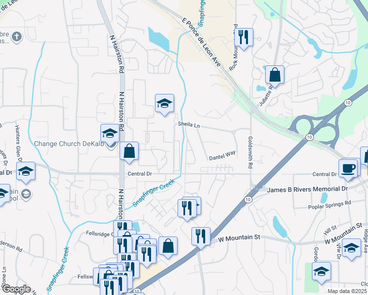 map of restaurants, bars, coffee shops, grocery stores, and more near 4756-4788 Sheila Lane in Stone Mountain
