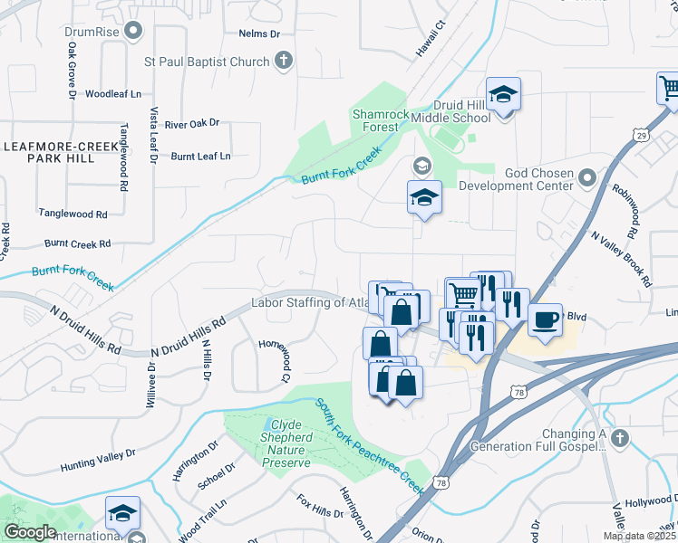 map of restaurants, bars, coffee shops, grocery stores, and more near 1187 Druid Walk in Decatur