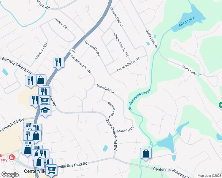 map of restaurants, bars, coffee shops, grocery stores, and more near 3368 Mansfield Lane in Snellville