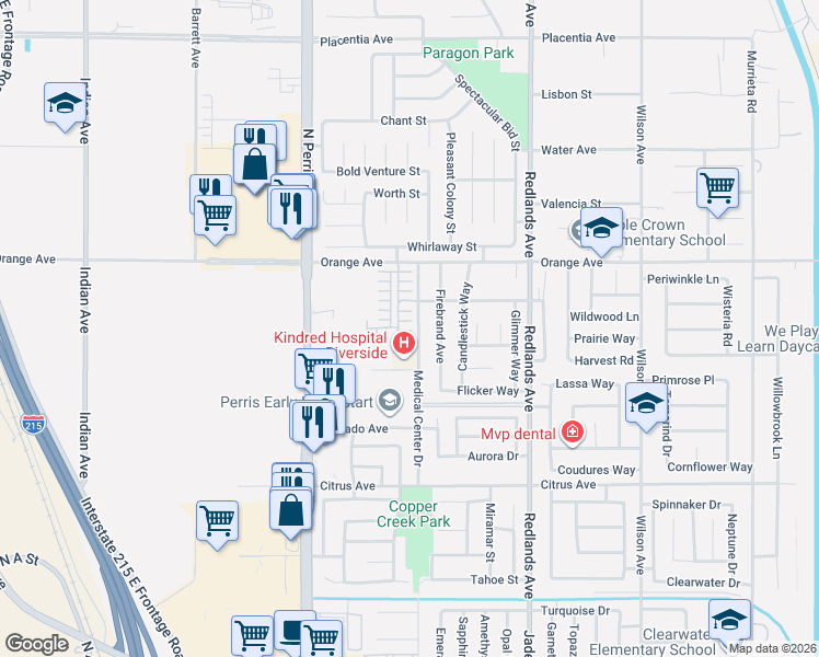 map of restaurants, bars, coffee shops, grocery stores, and more near 136 Trellis Court in Perris