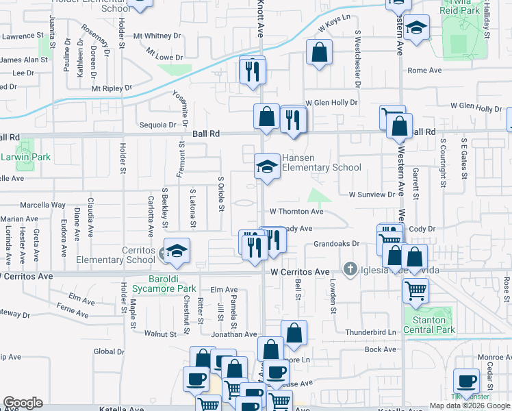 map of restaurants, bars, coffee shops, grocery stores, and more near in Anaheim