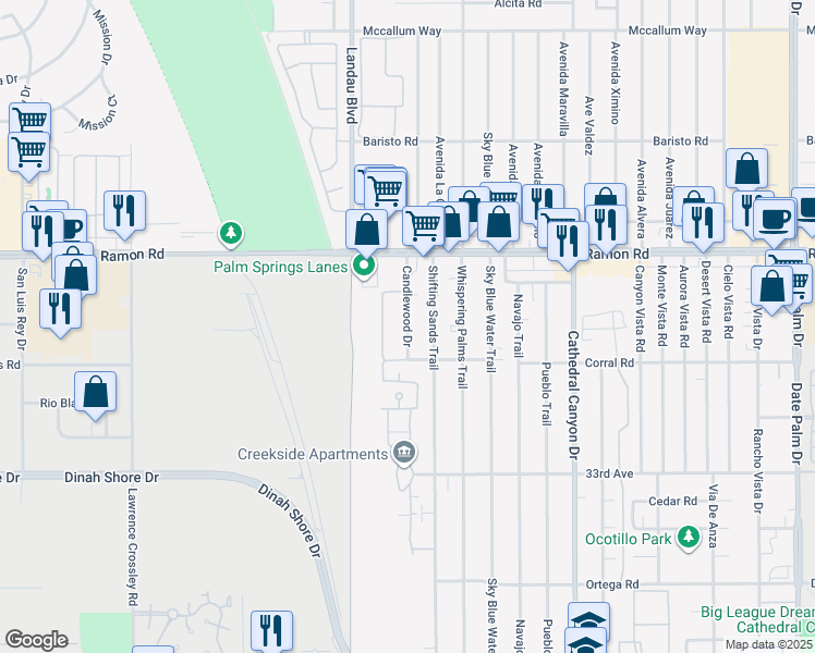 map of restaurants, bars, coffee shops, grocery stores, and more near 24 Mission Indian Trail in Cathedral City