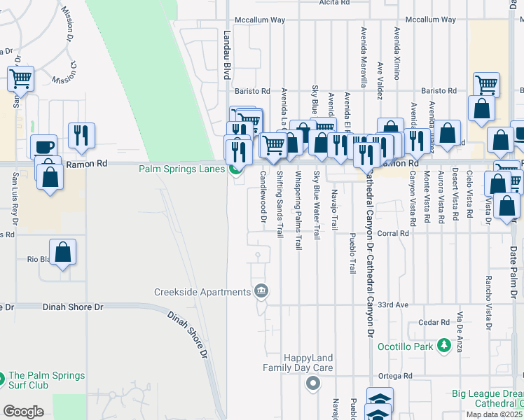 map of restaurants, bars, coffee shops, grocery stores, and more near 24 Mission Indian Trail in Cathedral City