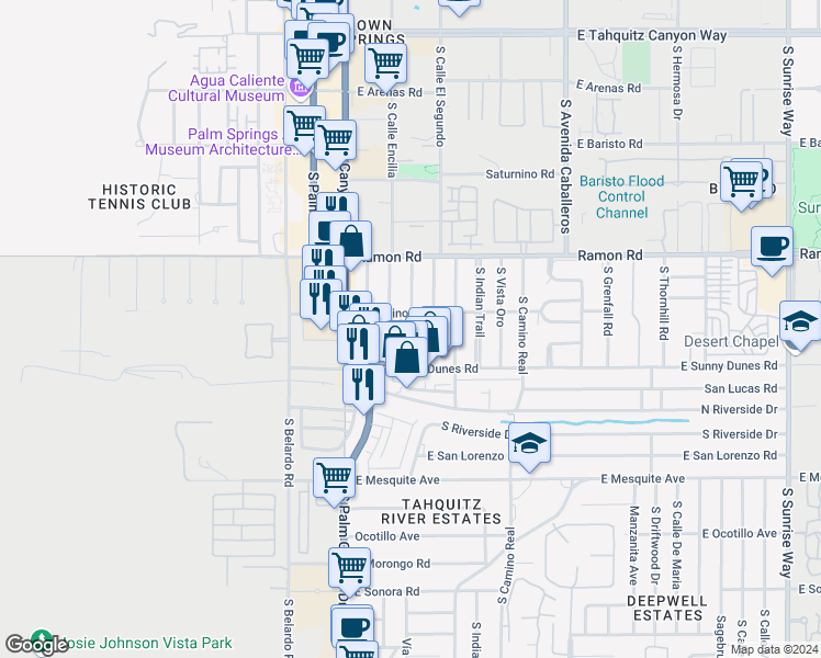 map of restaurants, bars, coffee shops, grocery stores, and more near 605 Calle Roca in Palm Springs