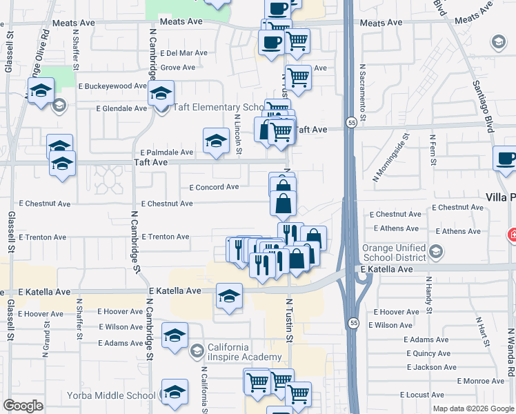 map of restaurants, bars, coffee shops, grocery stores, and more near 1604 East Chestnut Avenue in Orange