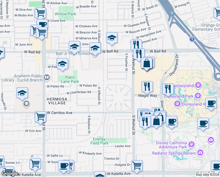 map of restaurants, bars, coffee shops, grocery stores, and more near 1363 South Walnut Street in Anaheim