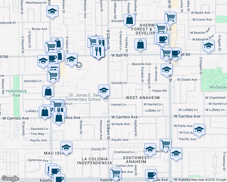 map of restaurants, bars, coffee shops, grocery stores, and more near 10312 Gilbert Street in Anaheim