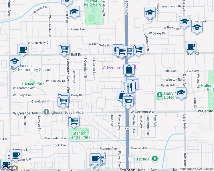 map of restaurants, bars, coffee shops, grocery stores, and more near 7830 2nd Street in Stanton