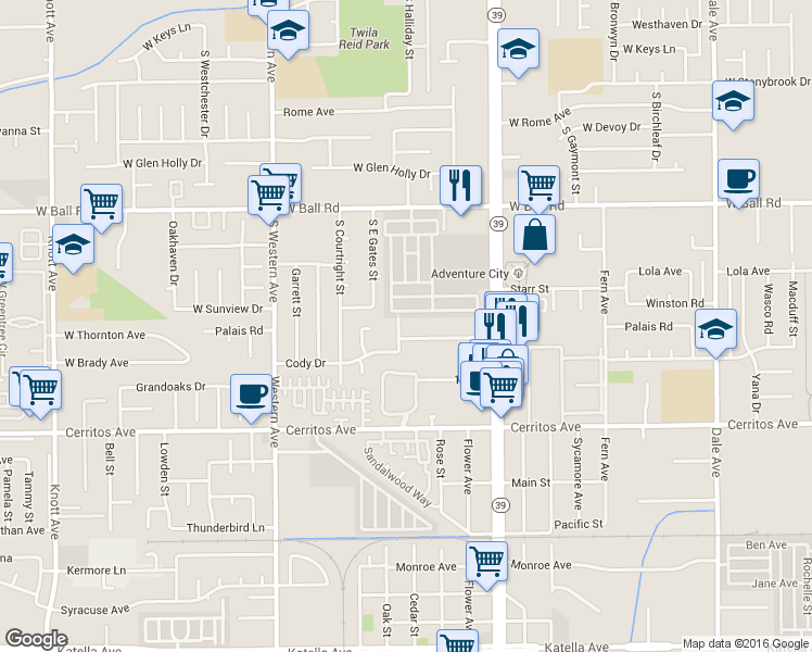 map of restaurants, bars, coffee shops, grocery stores, and more near 10291 Sentry Drive in Stanton