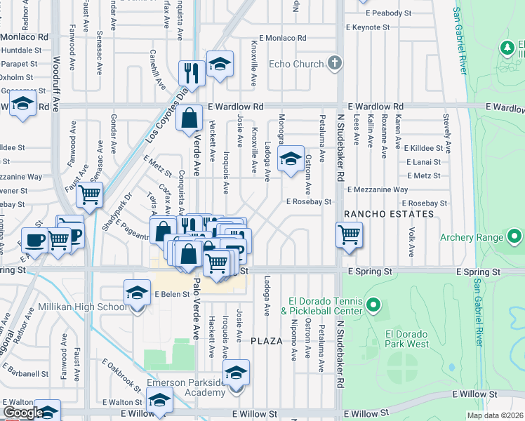 map of restaurants, bars, coffee shops, grocery stores, and more near 3091 Knoxville Avenue in Long Beach