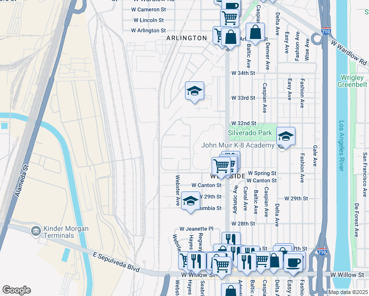 map of restaurants, bars, coffee shops, grocery stores, and more near 3033 North Springdale Drive in Long Beach