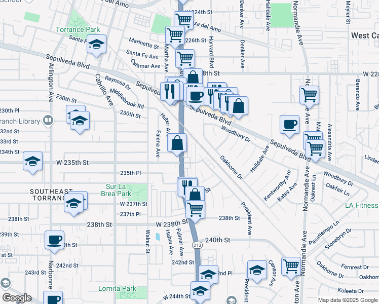 map of restaurants, bars, coffee shops, grocery stores, and more near 1601 West 235th Street in Torrance