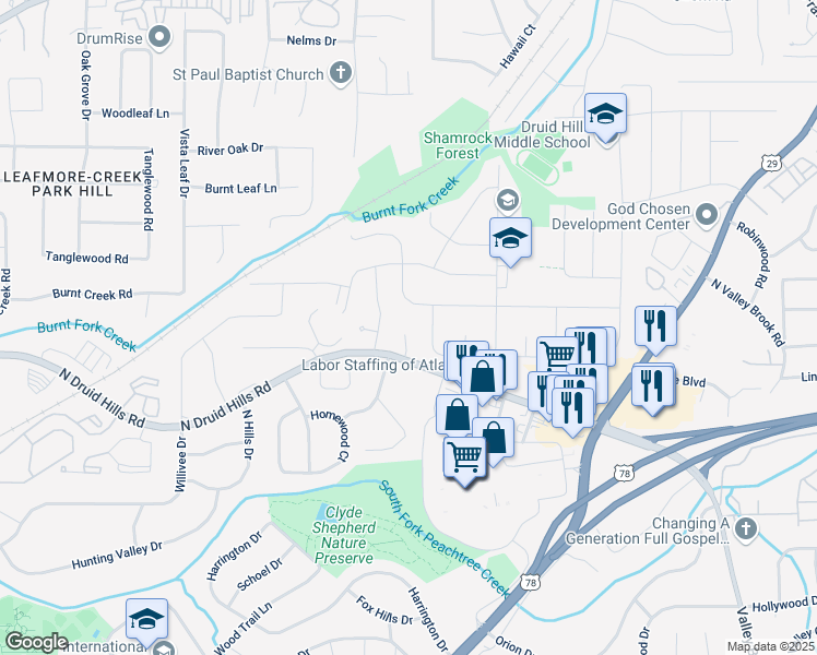 map of restaurants, bars, coffee shops, grocery stores, and more near 1187 Druid Walk in Decatur