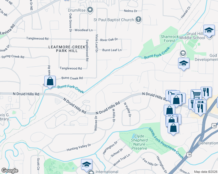 map of restaurants, bars, coffee shops, grocery stores, and more near 1165 Arbordale Drive in Decatur