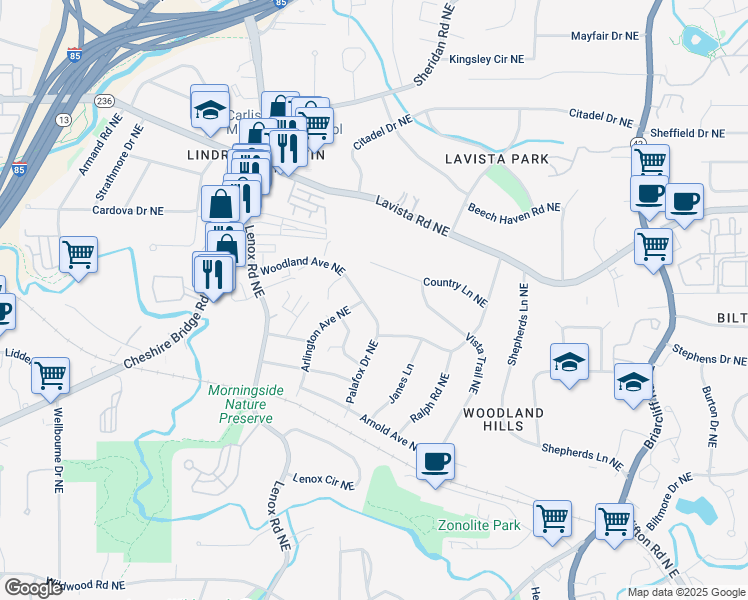 map of restaurants, bars, coffee shops, grocery stores, and more near 1274 Woodland Avenue Northeast in Atlanta