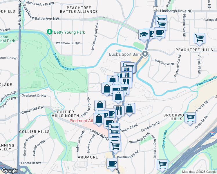 map of restaurants, bars, coffee shops, grocery stores, and more near 200 Colonial Homes Drive Northwest in Atlanta