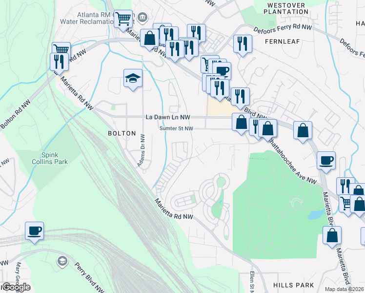 map of restaurants, bars, coffee shops, grocery stores, and more near 1967 Pacer Trail in Atlanta