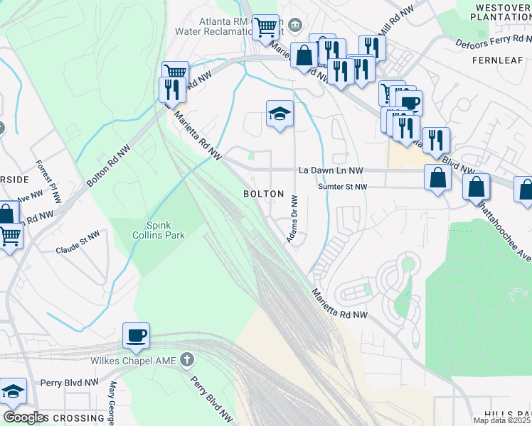 map of restaurants, bars, coffee shops, grocery stores, and more near 2122 Mauldin Street Northwest in Atlanta