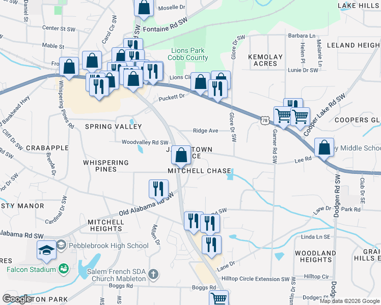 map of restaurants, bars, coffee shops, grocery stores, and more near 5990 Mableton Parkway in Mableton