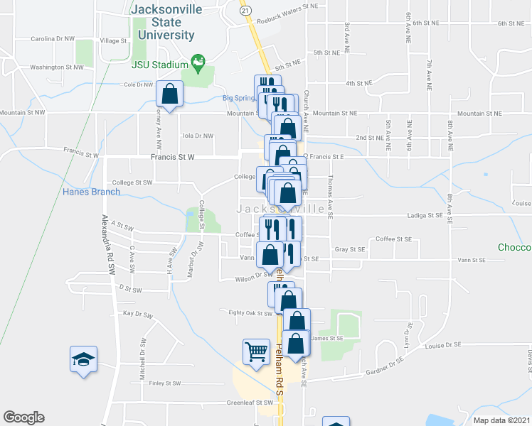 map of restaurants, bars, coffee shops, grocery stores, and more near Gayle Avenue Southwest in Jacksonville