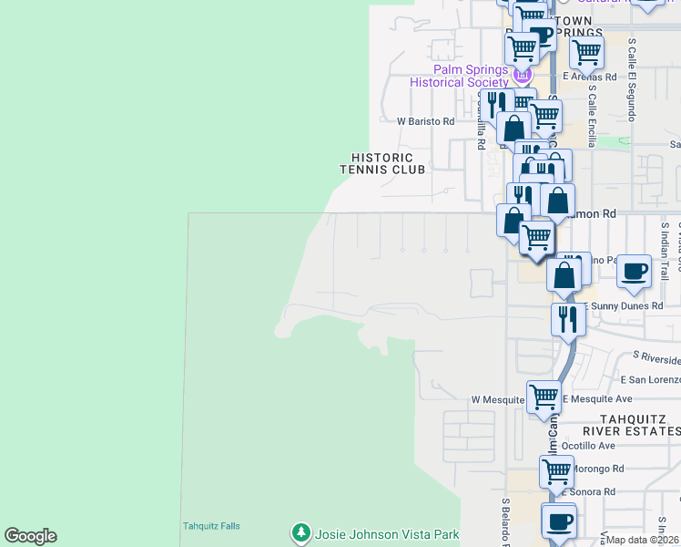 map of restaurants, bars, coffee shops, grocery stores, and more near 665 South La Mirada Road in Palm Springs