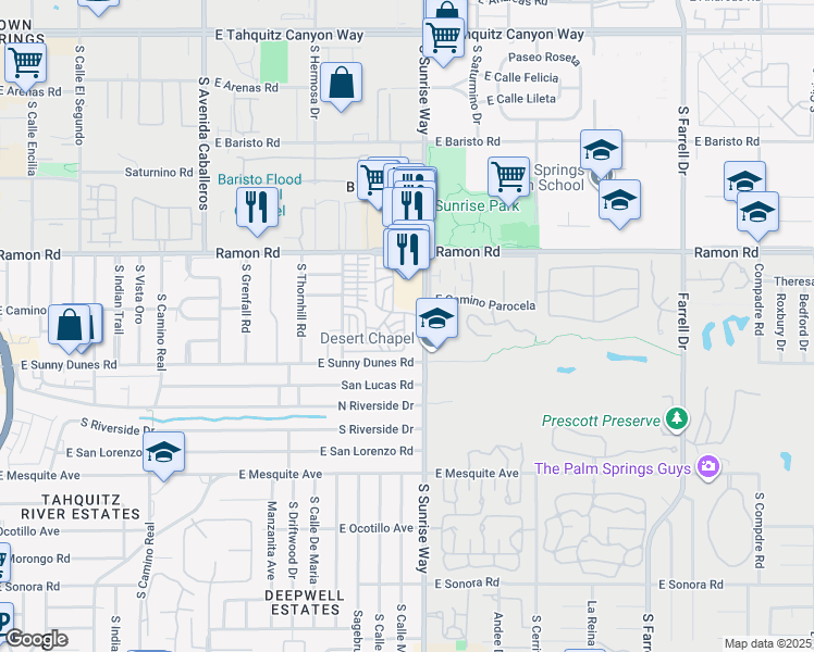 map of restaurants, bars, coffee shops, grocery stores, and more near 322 Logenita Street in Palm Springs