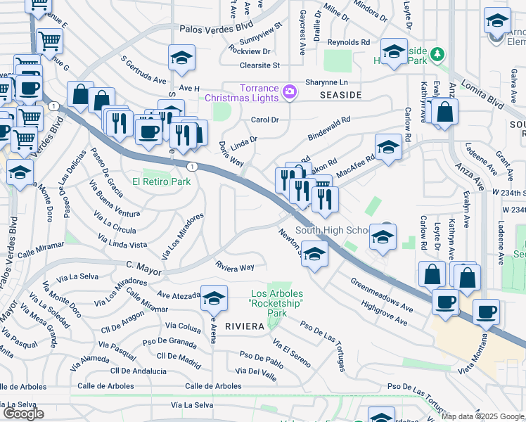 map of restaurants, bars, coffee shops, grocery stores, and more near 5316 Highgrove Street in Torrance