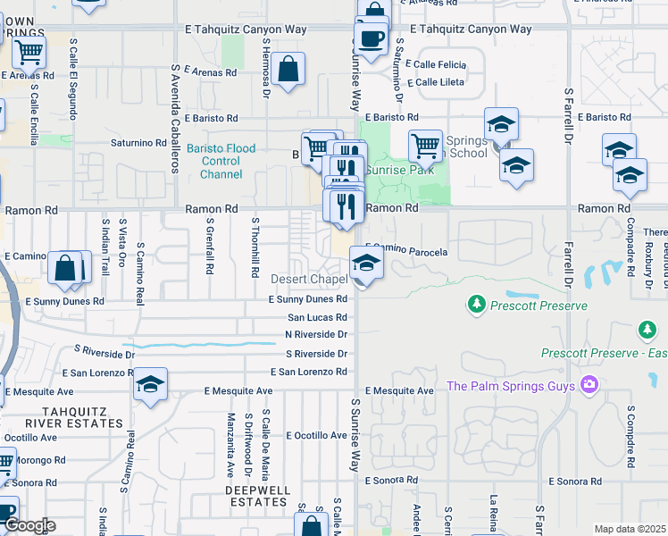 map of restaurants, bars, coffee shops, grocery stores, and more near 323 Wigwam Street in Palm Springs
