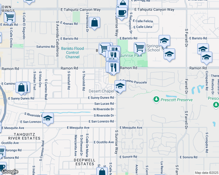 map of restaurants, bars, coffee shops, grocery stores, and more near 323 Wigwam Street in Palm Springs