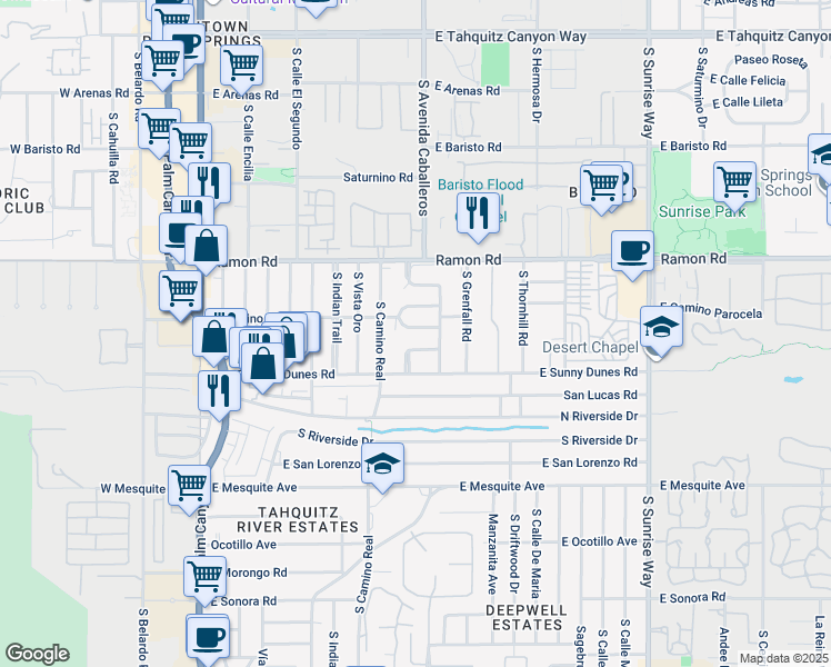 map of restaurants, bars, coffee shops, grocery stores, and more near 981 Parocela Place in Palm Springs