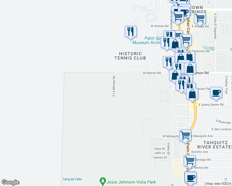 map of restaurants, bars, coffee shops, grocery stores, and more near 600 South La Mirada Road in Palm Springs