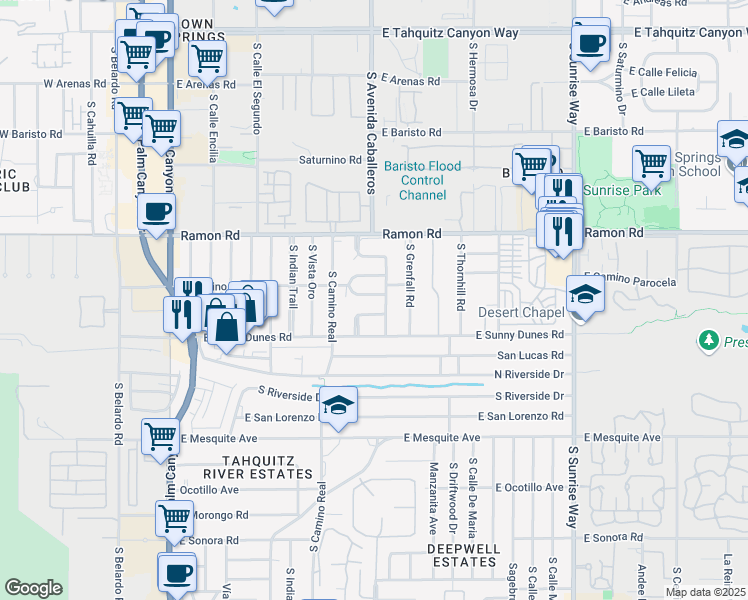 map of restaurants, bars, coffee shops, grocery stores, and more near 993 Parocela Place in Palm Springs