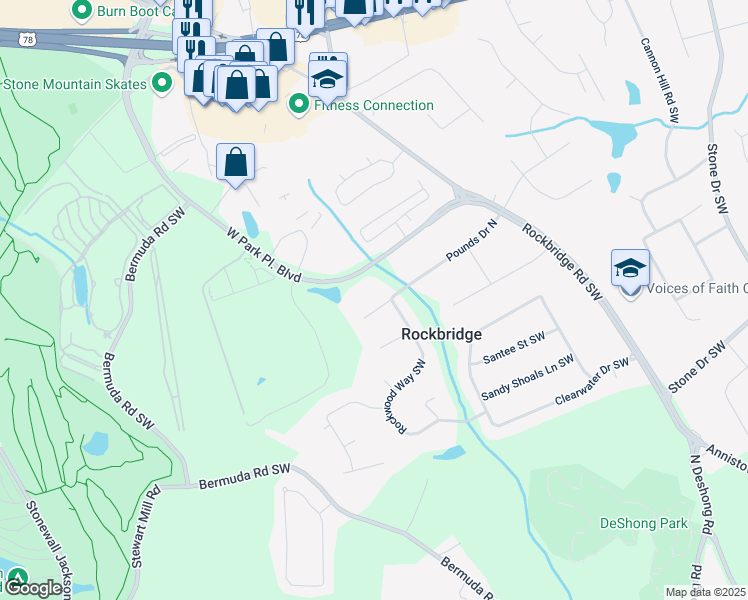 map of restaurants, bars, coffee shops, grocery stores, and more near 5399 Pounds Drive North in Stone Mountain