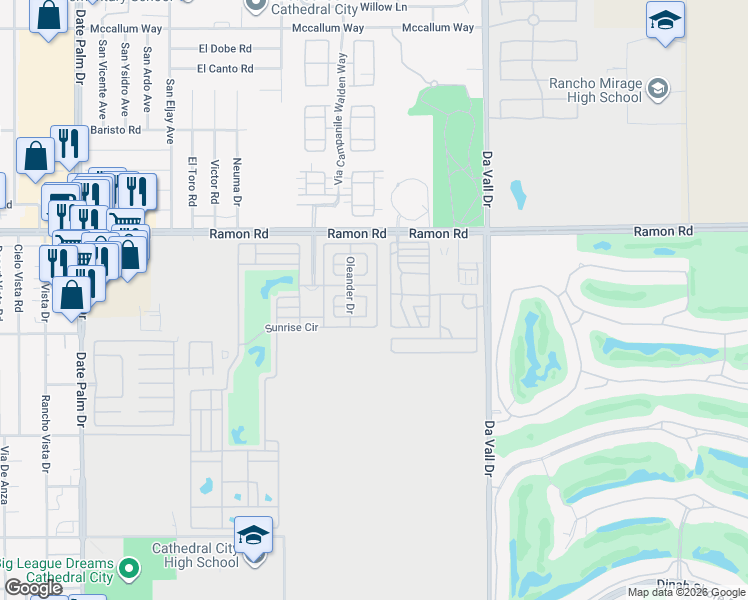 map of restaurants, bars, coffee shops, grocery stores, and more near 69801 Ramon Road in Cathedral City
