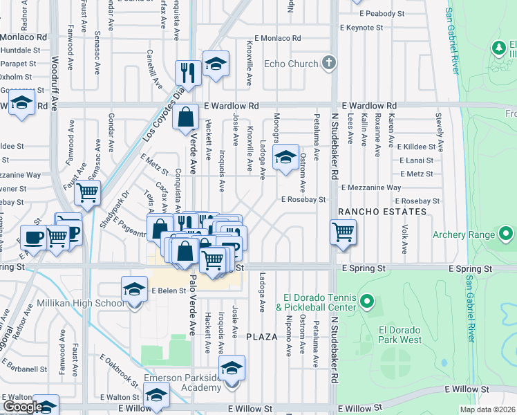 map of restaurants, bars, coffee shops, grocery stores, and more near 3091 Knoxville Avenue in Long Beach