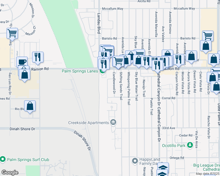 map of restaurants, bars, coffee shops, grocery stores, and more near 32505 Candlewood Drive in Cathedral City