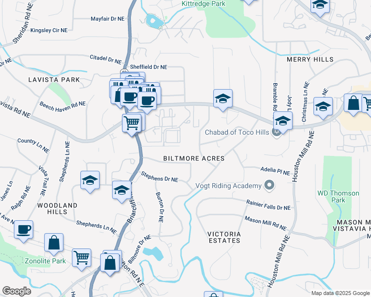 map of restaurants, bars, coffee shops, grocery stores, and more near 1461 Southland Vista Court Northeast in Atlanta