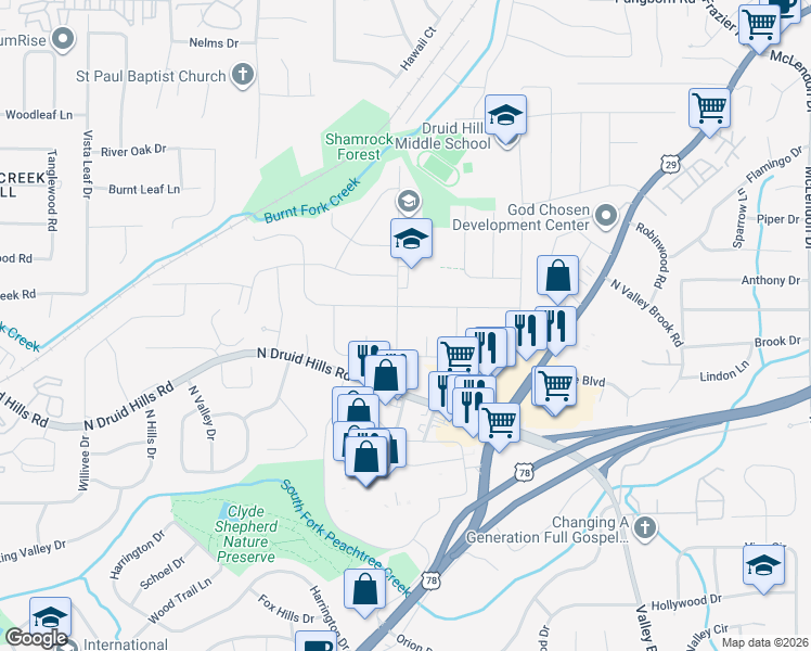 map of restaurants, bars, coffee shops, grocery stores, and more near 1177 Balsam Dr in Decatur