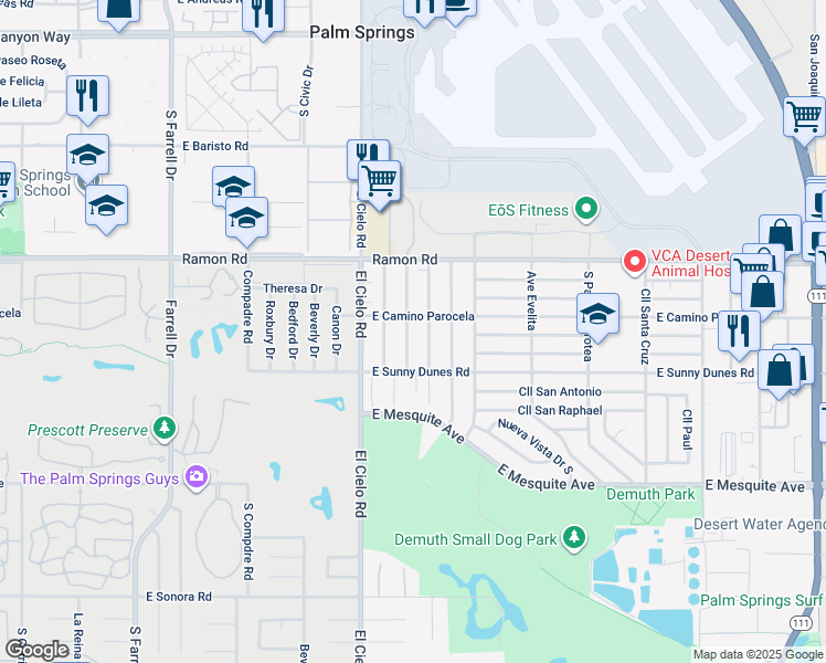 map of restaurants, bars, coffee shops, grocery stores, and more near 622 Highland Drive in Palm Springs